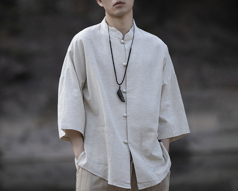 Herren Oversize Hemd im Kimono-Stil aus Leinen-Baumwollmix mit Stehkragen Nord Taschen