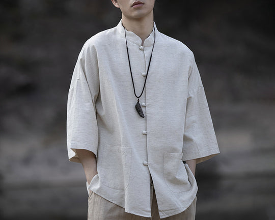 Herren Oversize Hemd im Kimono-Stil aus Leinen-Baumwollmix mit Stehkragen Nord Taschen