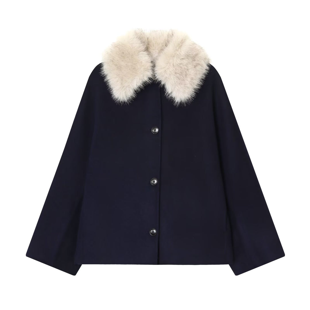 Damen Woll-Cape mit abnehmbarem Kunstfellkragen und verdeckter Knopfleiste Nord Taschen