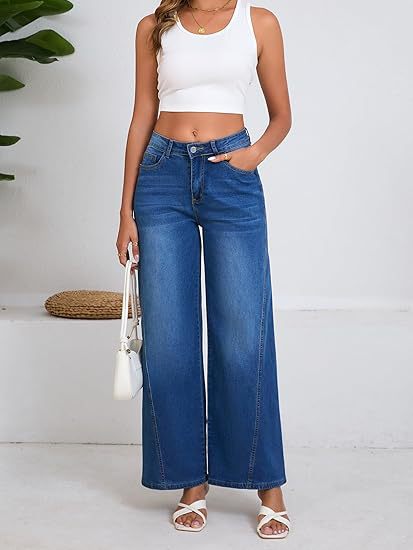Damen High-Waist Weitbein-Jeans mit hohem Bund und lässiger Vintage-Waschung Nord Taschen