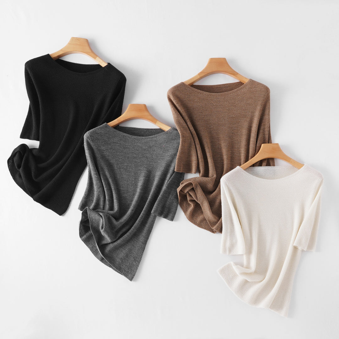 Damen Lockeres Feinstrick-Tunika-Shirt mit U-Boot-Ausschnitt und Fischgrätstruktur Nord Taschen