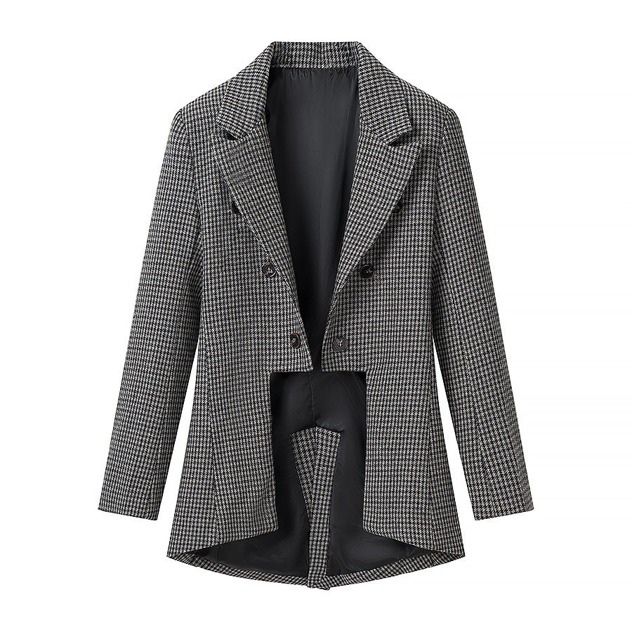 Damen Gehrock‑inspirierter Hahnentritt‑Blazer mit Cutaway‑Saum und doppelreihiger Knopfleiste Nord Taschen
