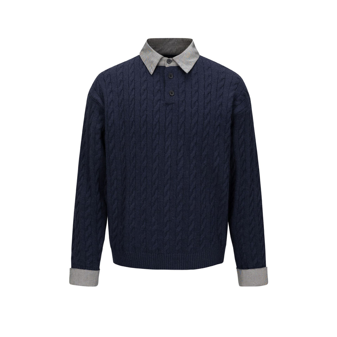 Herren Strukturierter Strickpullover mit integriertem Hemdkragen und Dreiknopf‑Leiste Nord Taschen