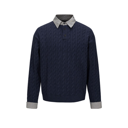 Herren Strukturierter Strickpullover mit integriertem Hemdkragen und Dreiknopf‑Leiste Nord Taschen
