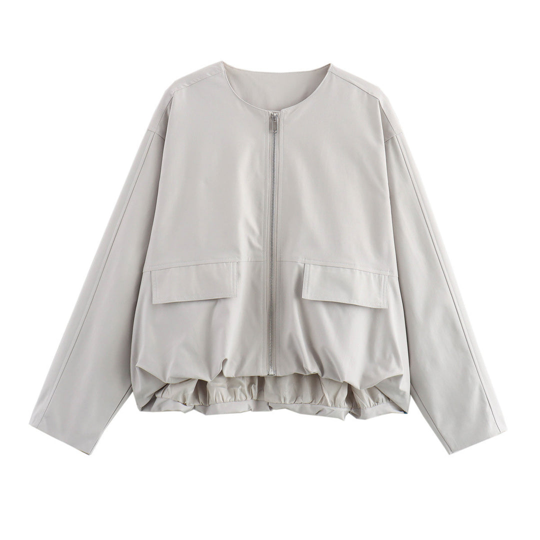 Damen Leichte Cropped-Workerjacke ohne Kragen mit Frontreißverschluss und Pattentaschen Nord Taschen