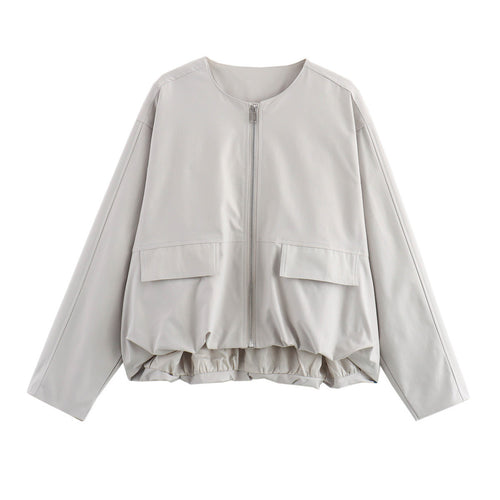 Damen Leichte Cropped-Workerjacke ohne Kragen mit Frontreißverschluss und Pattentaschen Nord Taschen