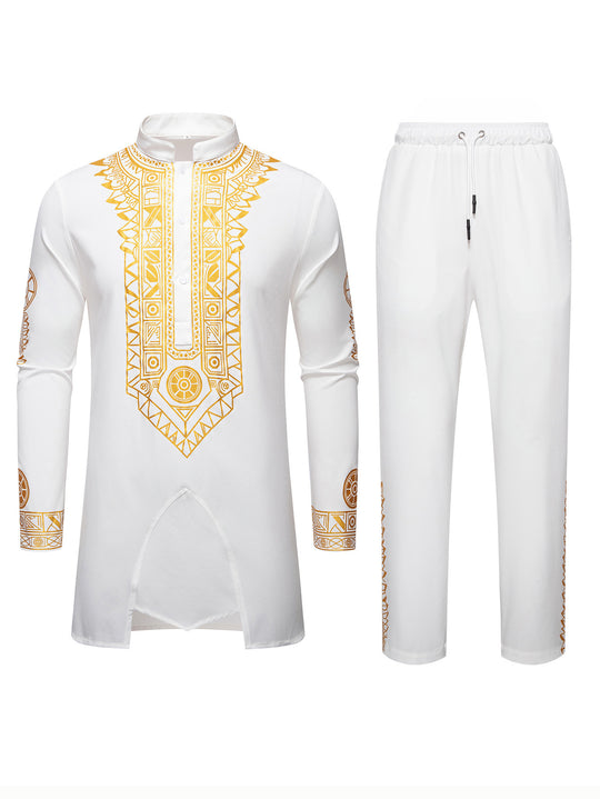 Herren Traditionelles Langarm-Kurta-Set mit Stehkragen, goldfarbenem Ornamentdruck und Tunnelzughose Nord Taschen