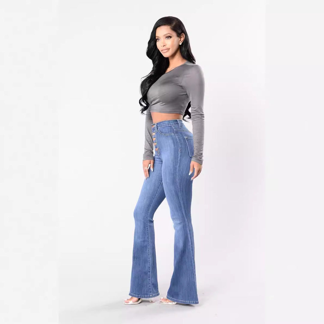 Damen High-Waist Flared Jeans mit dekorativen Knopfdetails und elastischem Bund Nord Taschen
