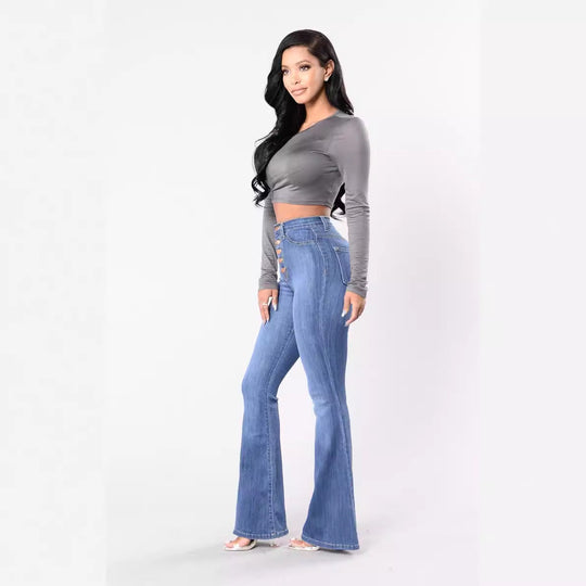 Damen High-Waist Flared Jeans mit dekorativen Knopfdetails und elastischem Bund Nord Taschen