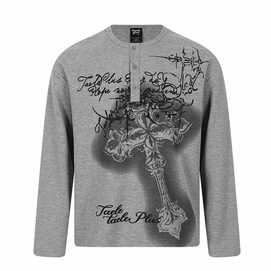 Herren Langarm-Henleyshirt mit Waffelstruktur, Knopfleiste und großflächigem Grafikprint Nord Taschen