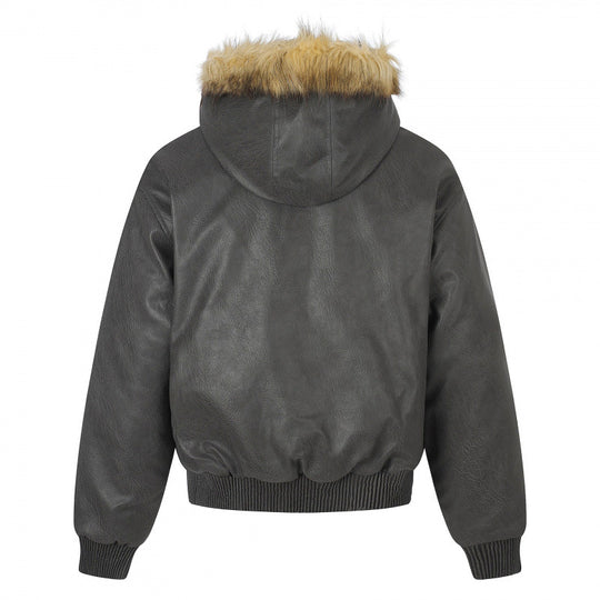 Damen Kapuzenjacke im Lederoptik mit Nietenbesatz, Kunstfellkragen und geripptem Saum Nord Taschen