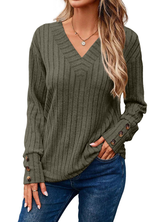 Damen Gerippter V-Ausschnitt Strickpullover mit Knopfmanschetten Nord Taschen