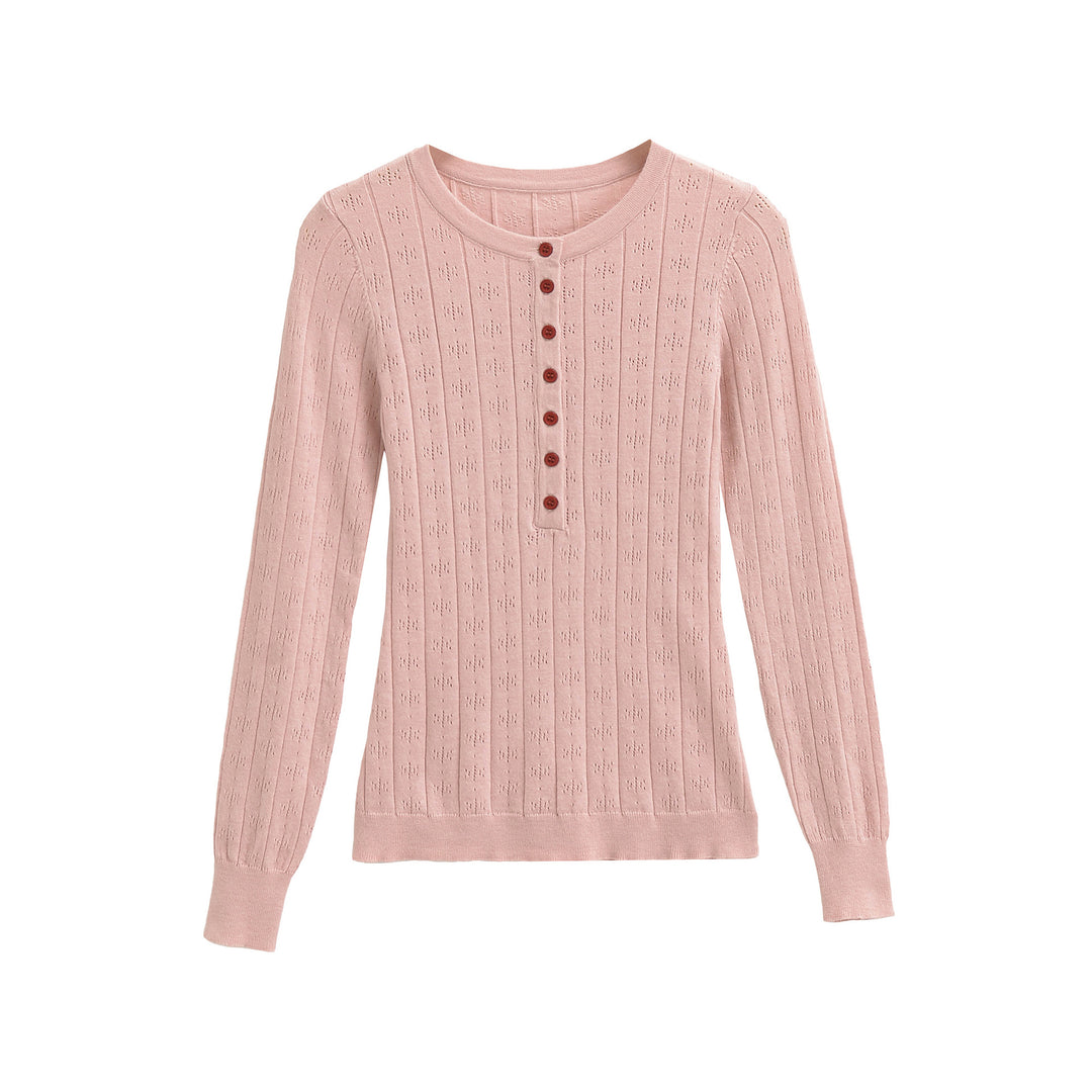 Damen Feinstrick-Longsleeve mit Knopfleiste und Strukturstrick Nord Taschen