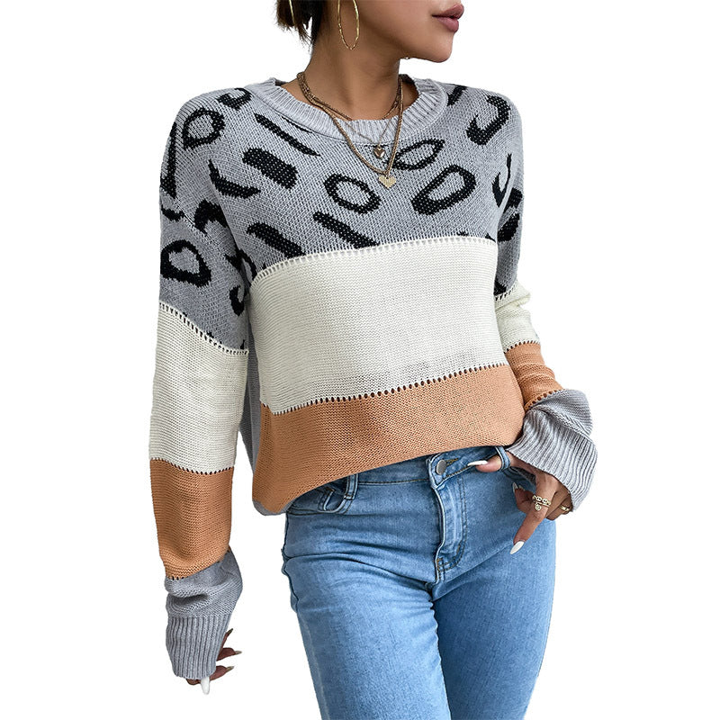 Damen Oversize-Feinstrickpullover mit Leoparden-Jacquard, Blockstreifen & offener Naht Nord Taschen