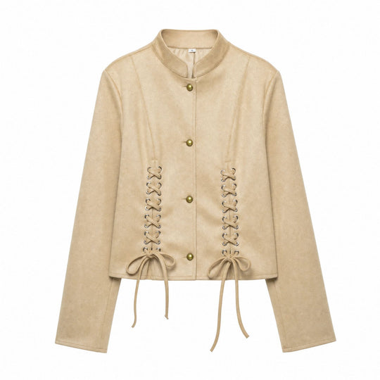 Damen Veloursleder-Kurzjacke mit Schnürung und Stehkragen Nord Taschen