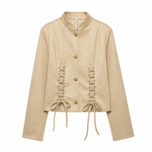 Damen Veloursleder-Kurzjacke mit Schnürung und Stehkragen Nord Taschen