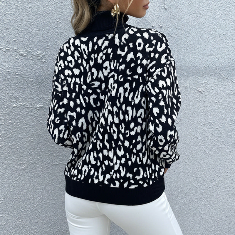 Damen Oversize Feinstrickpullover mit Leoparden-Jacquard und Stehkragen Nord Taschen