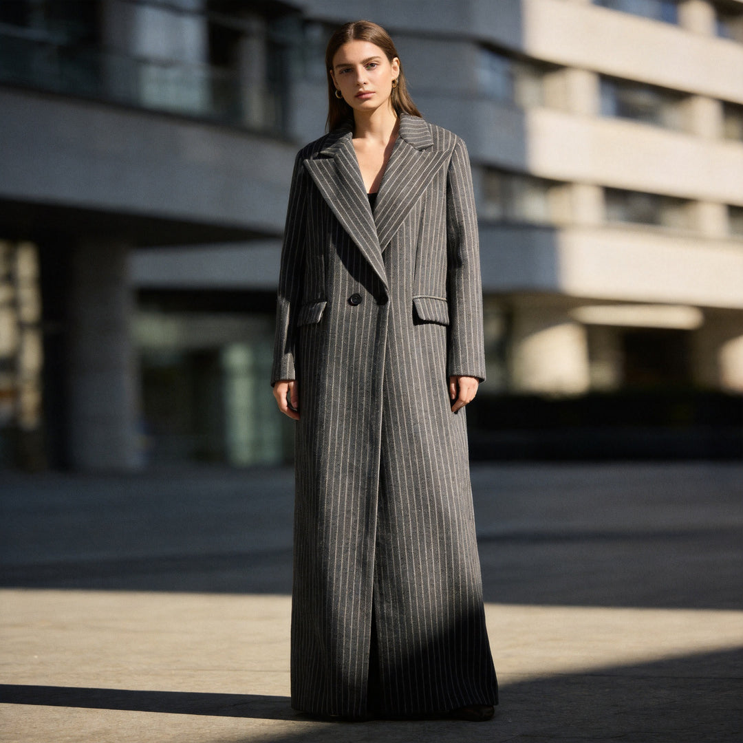 Damen Longline-Mantel mit Nadelstreifen und doppelreihiger Knopfleiste Nord Taschen