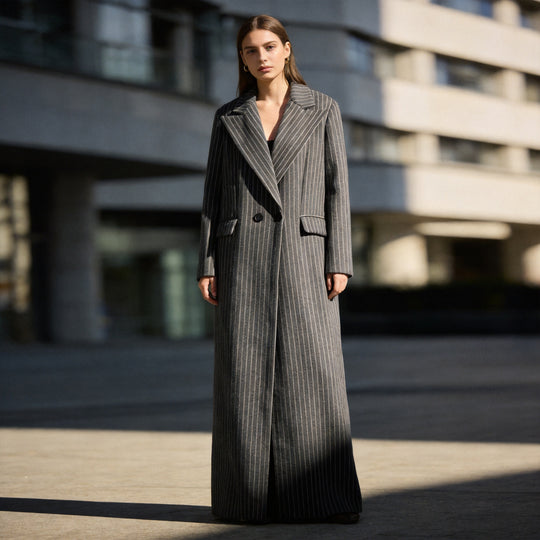 Damen Longline-Mantel mit Nadelstreifen und doppelreihiger Knopfleiste Nord Taschen