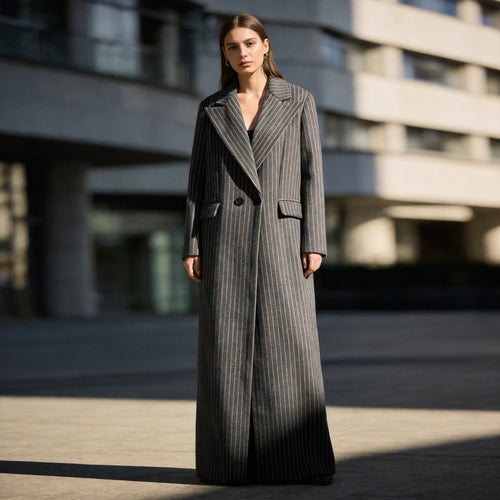 Damen Longline-Mantel mit Nadelstreifen und doppelreihiger Knopfleiste Nord Taschen