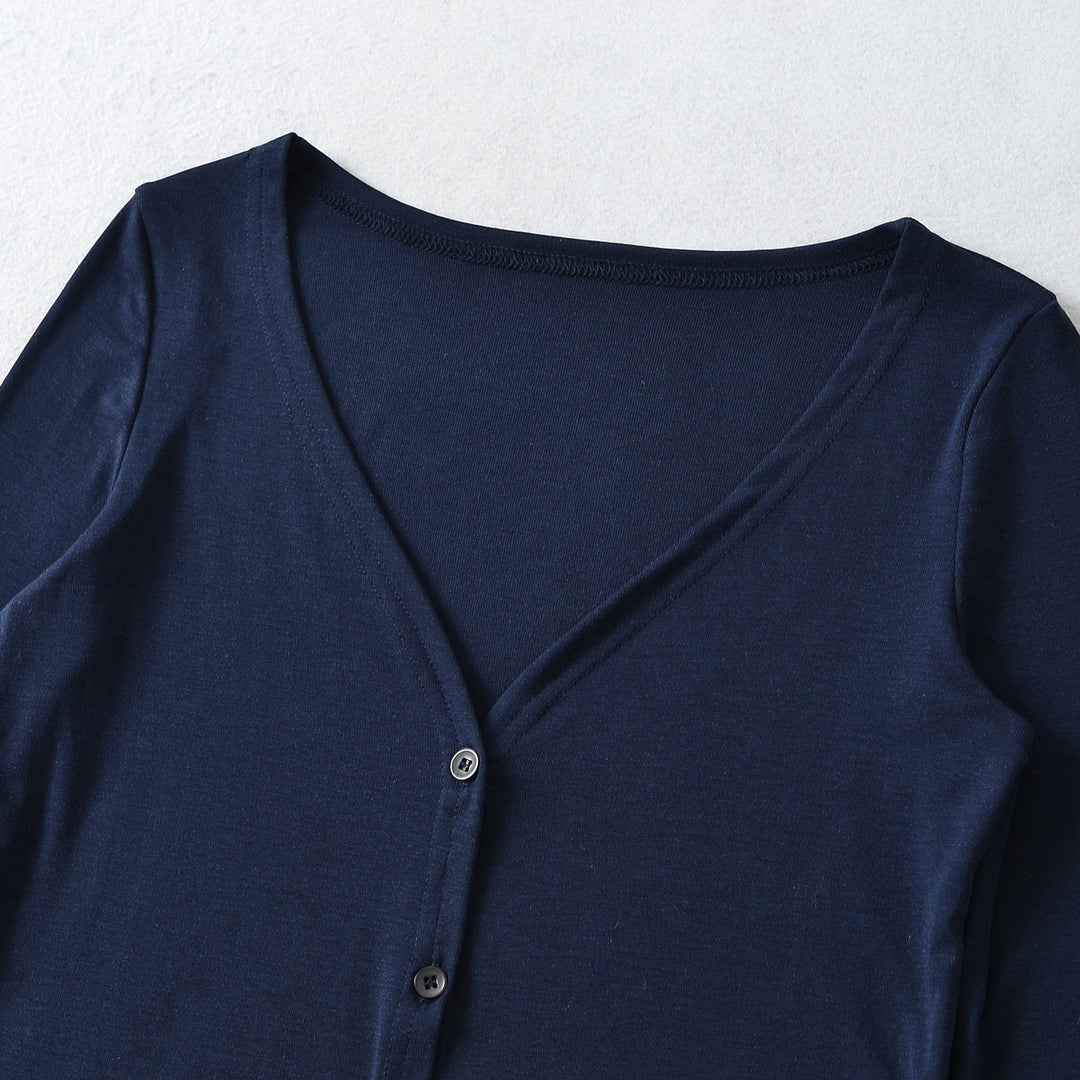 Damen Cropped Jersey-Cardigan mit tiefem V-Ausschnitt und schmaler Knopfleiste Nord Taschen