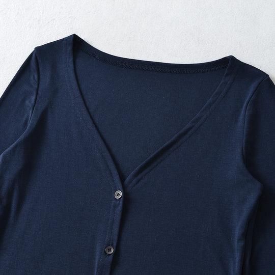 Damen Cropped Jersey-Cardigan mit tiefem V-Ausschnitt und schmaler Knopfleiste Nord Taschen