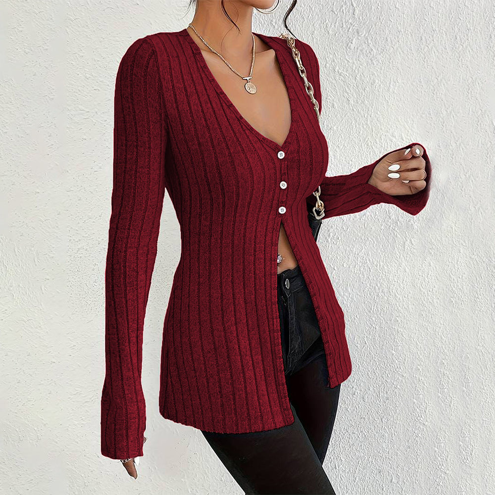 Damen gerippter V-Ausschnitt-Cardigan mit Knopfleiste taillierter Longline-Silhouette Nord Taschen