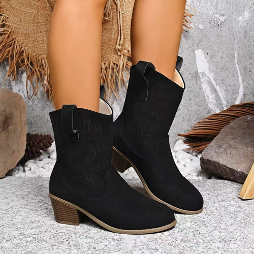 Damen Kurzschaft-Ankleboots im Westernstil aus Velours mit gestickter Ziernaht und Blockabsatz Nord Taschen