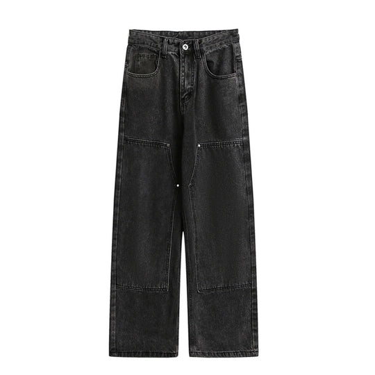 Damen Weite Utility-Denimhose mit Knie‑Patch, hohem Bund und geradem Bein Nord Taschen