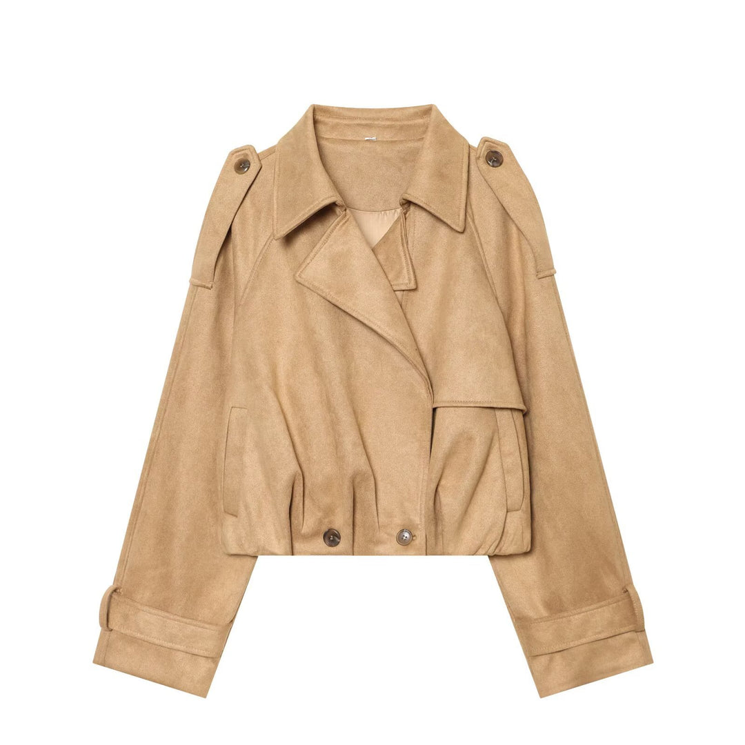 Damen Kurzgeschnittene Trenchjacke in Veloursleder‑Optik mit Schulterklappen und Schnallenmanschetten Nord Taschen