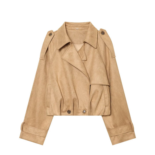 Damen Kurzgeschnittene Trenchjacke in Veloursleder‑Optik mit Schulterklappen und Schnallenmanschetten Nord Taschen