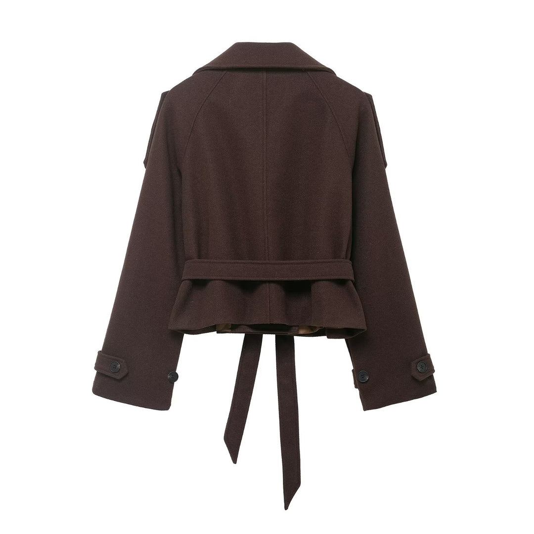 Damen Cropped Wollmix‑Kurzmantel mit hohem Stehkragen, Epauletten und Taillengürtel Nord Taschen