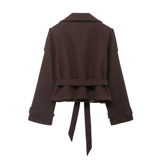 Damen Cropped Wollmix‑Kurzmantel mit hohem Stehkragen, Epauletten und Taillengürtel Nord Taschen