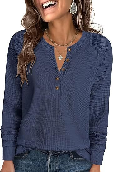 Damen Waffelstrick-Henley-Longsleeve mit Knopfleiste, Raglanärmeln und gerippten Bündchen Nord Taschen