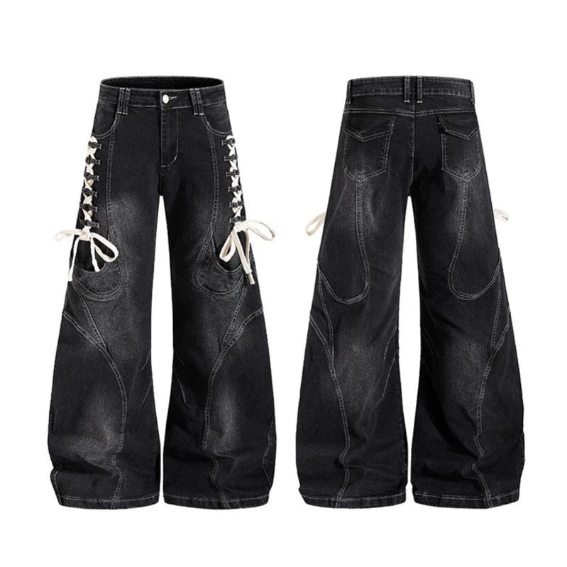 Damen Weite hochtaillierte Denim-Culotte mit seitlicher Schnürung und Cargo-Taschen Nord Taschen