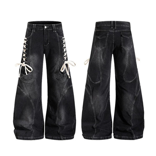 Damen Weite hochtaillierte Denim-Culotte mit seitlicher Schnürung und Cargo-Taschen Nord Taschen