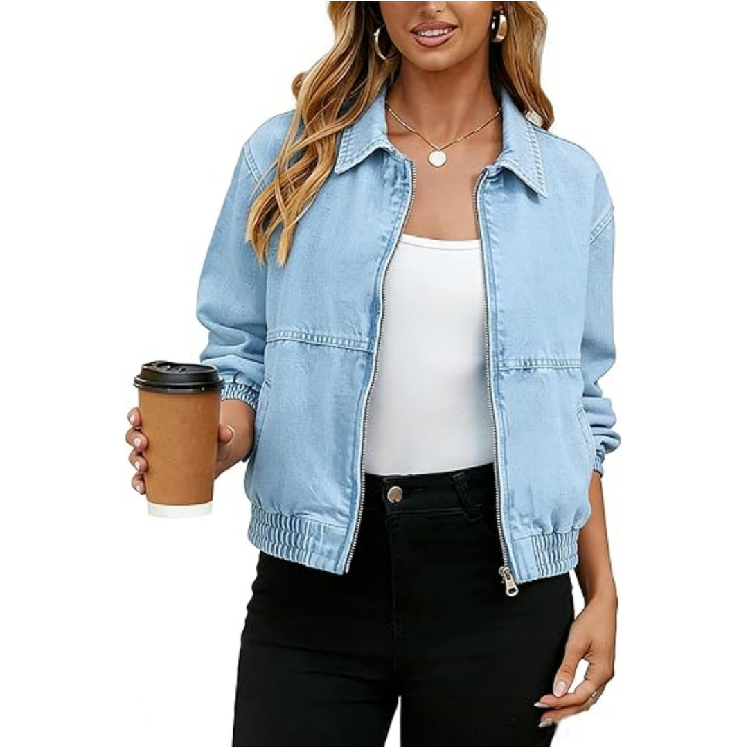 Damen Leichte Cropped-Jeansjacke mit Gummibündchen und Reißverschluss Nord Taschen
