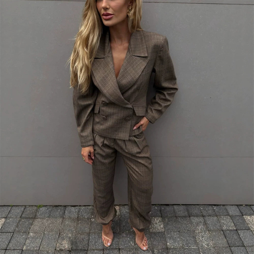 Damen Taillierter zweiteiliger Blazer- und Hosenanzug im Glencheck-Muster Nord Taschen