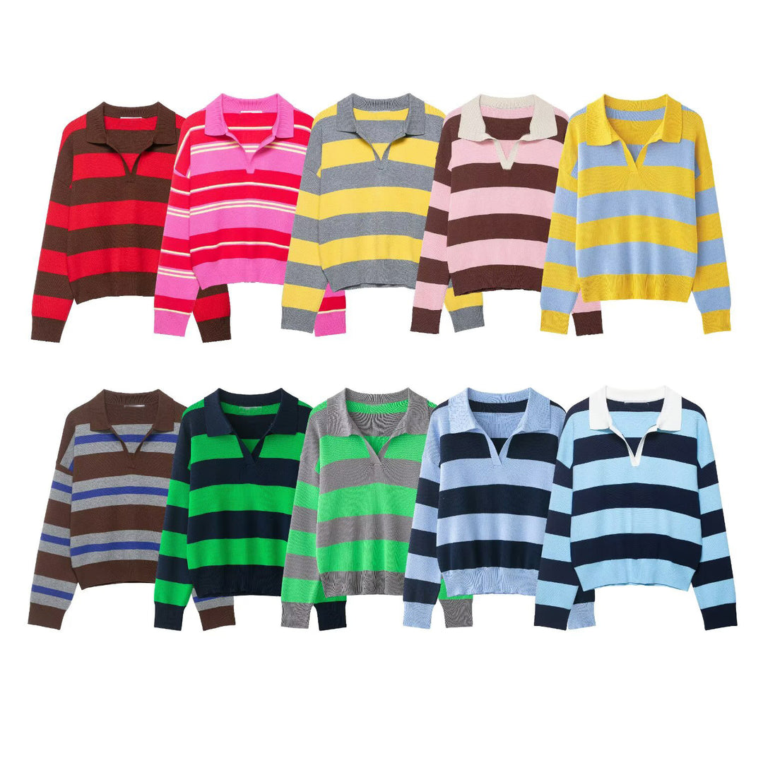 Damen Gestreifter Rugby-Polo-Pullover mit V-Notch und Cropped-Saum Nord Taschen