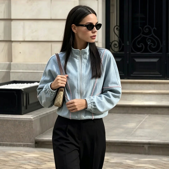 Damen Leichte Cropped‑Bomberjacke mit Zierborten, elastischen Bündchen und durchgehendem Reißverschluss Nord Taschen