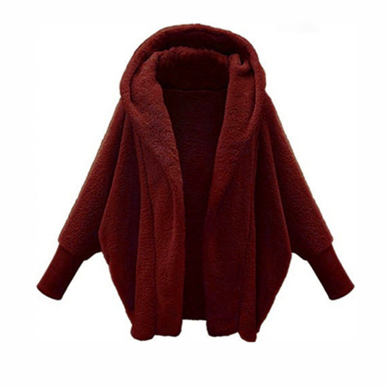 Damen Kuscheliger Oversize-Kapuzencardigan aus Teddyfleece mit Fledermausärmeln Nord Taschen