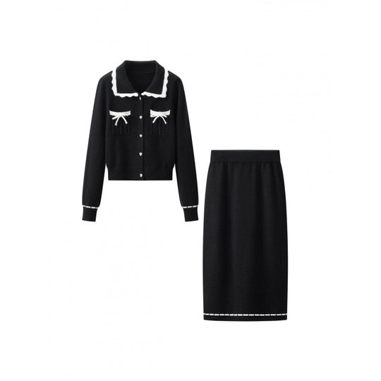 Damen Zweiteiliges Feinstrick‑Set mit kurzgeschnittenem Rüschen‑Cardigan und High‑Waist Bleistiftrock Nord Taschen