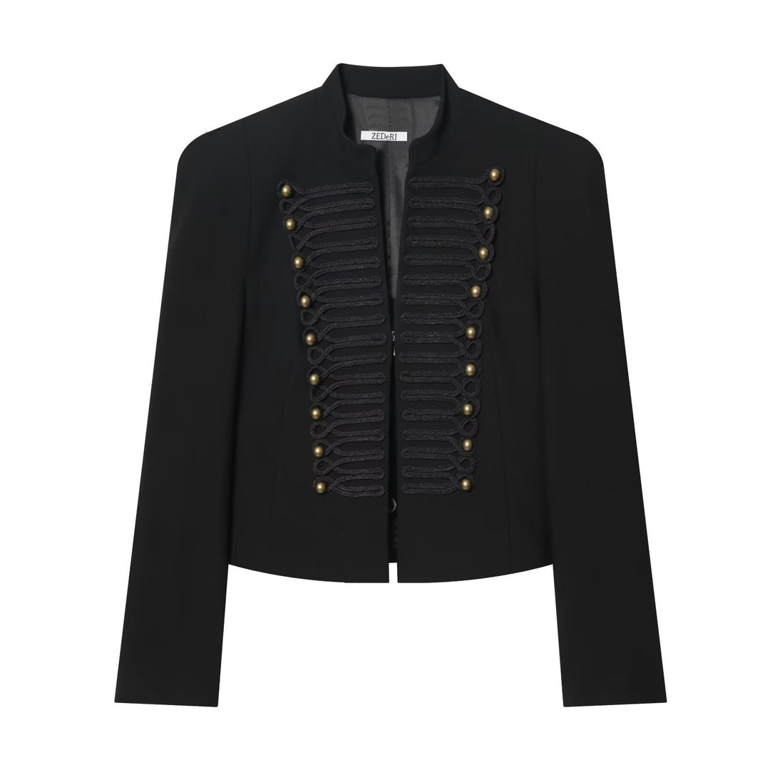 Damen Cropped Military-Blazer mit ornamentaler Kordelverzierung und Stehkragen Nord Taschen