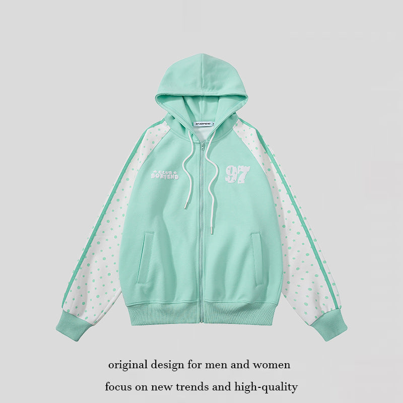 Damen Kapuzen‑Sweatjacke mit durchgehendem Reißverschluss, Raglanärmeln und Polka‑Dot‑Einsätzen Nord Taschen