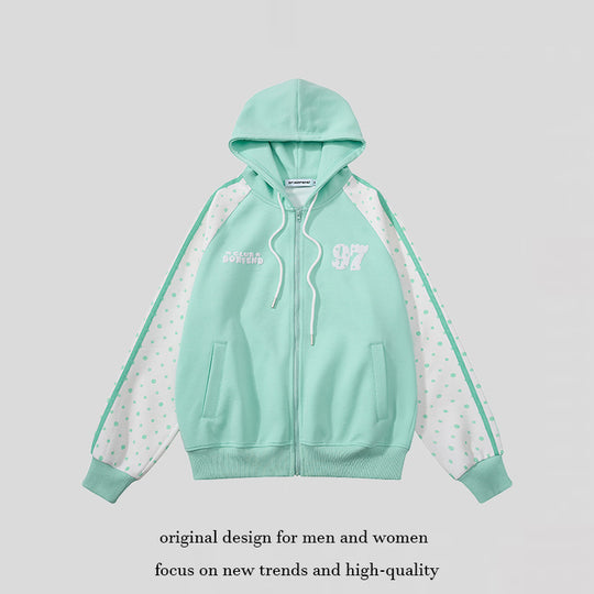 Damen Kapuzen‑Sweatjacke mit durchgehendem Reißverschluss, Raglanärmeln und Polka‑Dot‑Einsätzen Nord Taschen
