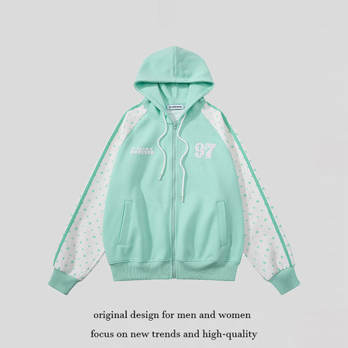 Damen Kapuzen‑Sweatjacke mit durchgehendem Reißverschluss, Raglanärmeln und Polka‑Dot‑Einsätzen Nord Taschen