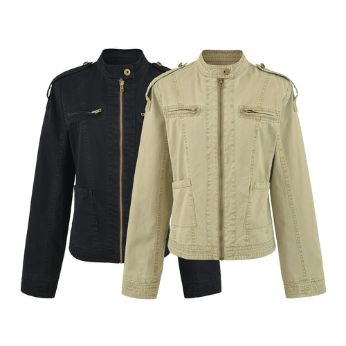 Damen Fieldjacke mit Stehkragen, Schulterklappen und goldfarbenen Reißverschlüssen Nord Taschen