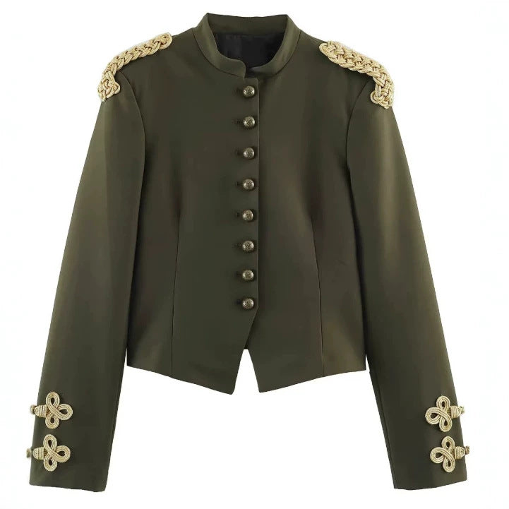 Damen Kurzjacke im Militärlook mit Stehkragen, goldenen Epauletten und dekorativen Zierknöpfen Nord Taschen