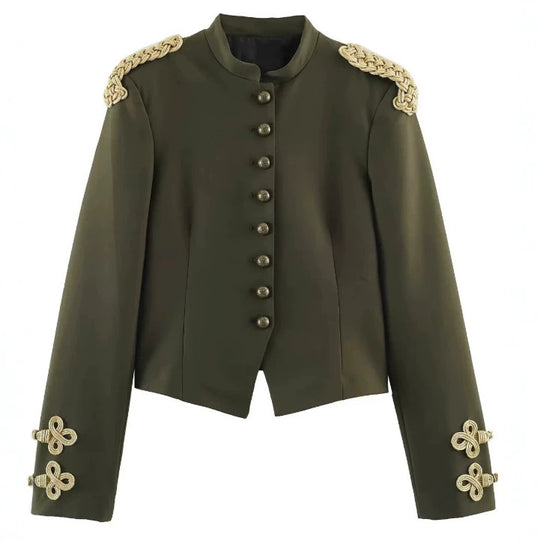 Damen Kurzjacke im Militärlook mit Stehkragen, goldenen Epauletten und dekorativen Zierknöpfen Nord Taschen