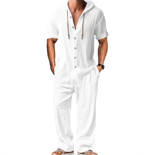 Herren nan luftiges Leinen-Lounge-Set mit kurzärmeligem Kapuzenhemd und gerader Relaxhose